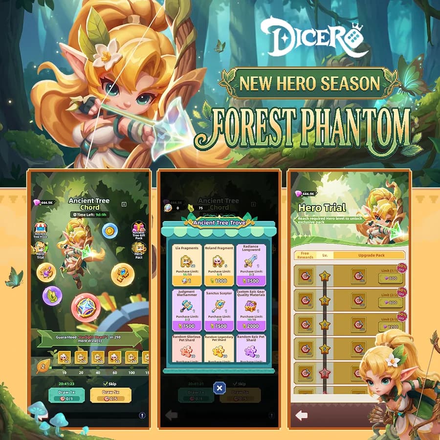 公式Discordのバナー。英語UIで「Ancient Tree Chord」のガチャ画面、「Ancient Tree Trove」の交換ショップ、「Hero Trial」のレベル報酬画面の3カットが並ぶ