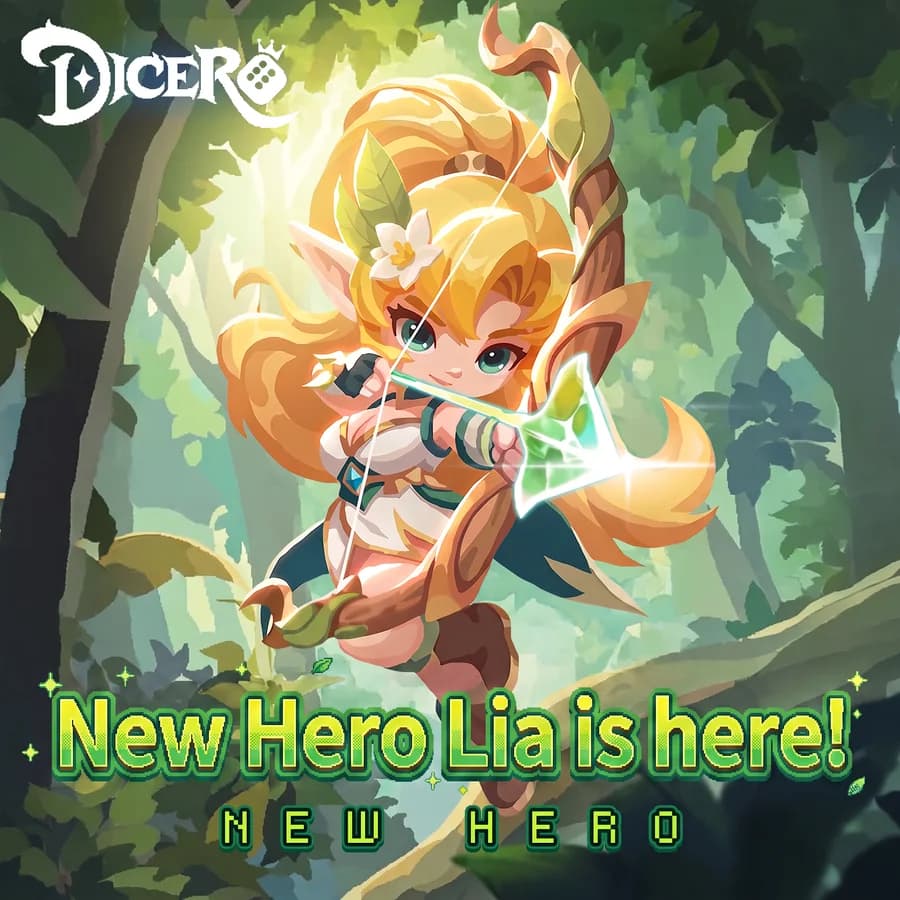 公式Discordのお披露目バナー。弓を構えるエルフの少女のイラストと「New Hero Lia is here!」の文字
